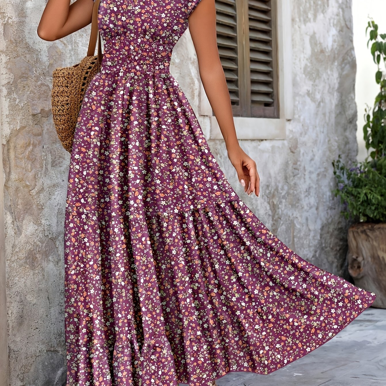 Effortless Floral Boho Dress for Women with V Neck Cap Sleeve Smocked Waist Tiered Flowing Style