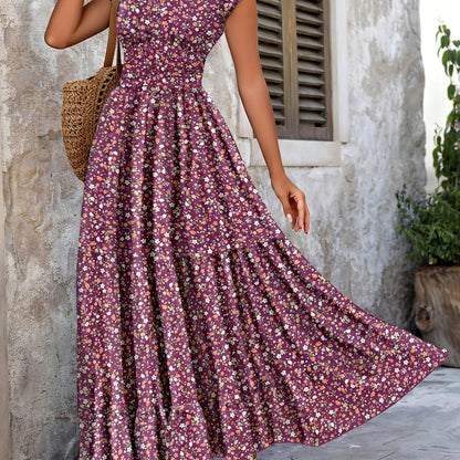 Effortless Floral Boho Dress for Women with V Neck Cap Sleeve Smocked Waist Tiered Flowing Style
