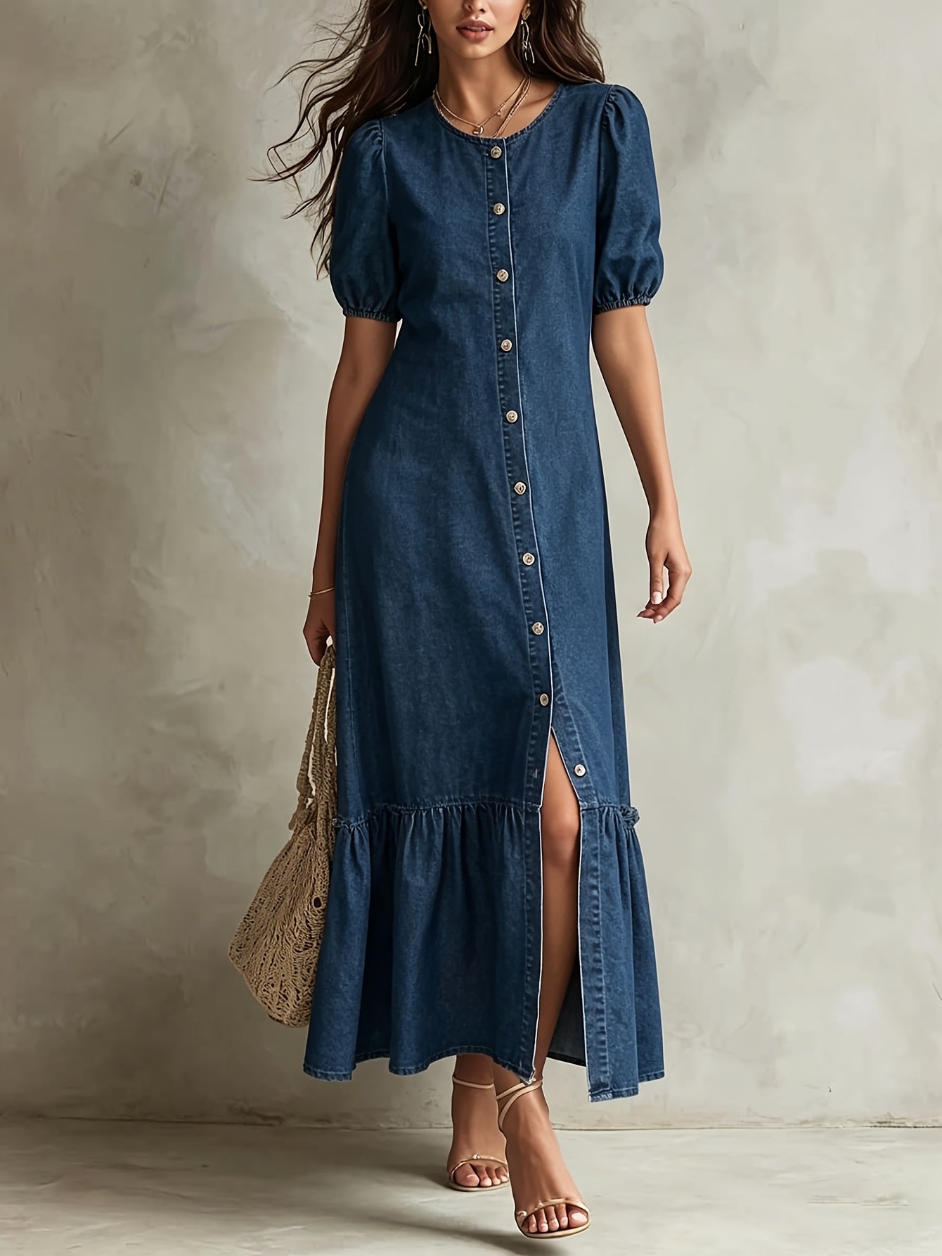 Effortless Blue Denim Dress for Women with Round Neck Elbow Sleeve Button Front Tiered Maxi Style