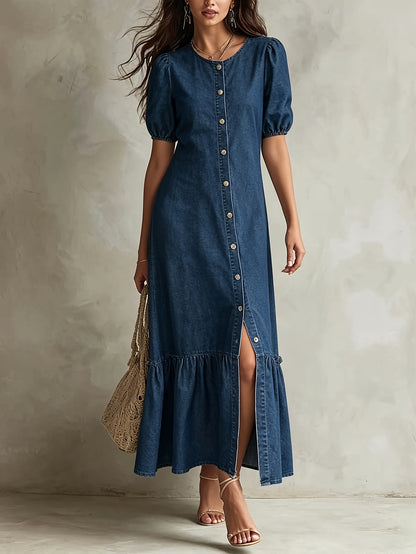 Effortless Blue Denim Dress for Women with Round Neck Elbow Sleeve Button Front Tiered Maxi Style