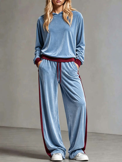 Cozy Velvet Colorblock Sweatsuit for Women with Hooded Long Sleeve Wide Leg Drawstring Two Piece Style