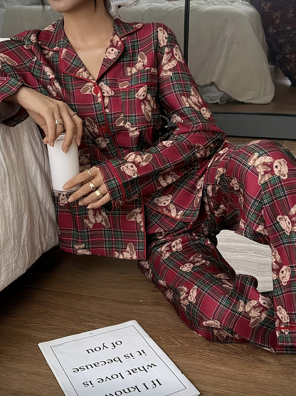 Cozy Bear Plaid Christmas Holiday Pajamas for Women with Notched Collar Long Sleeve Two Piece Style