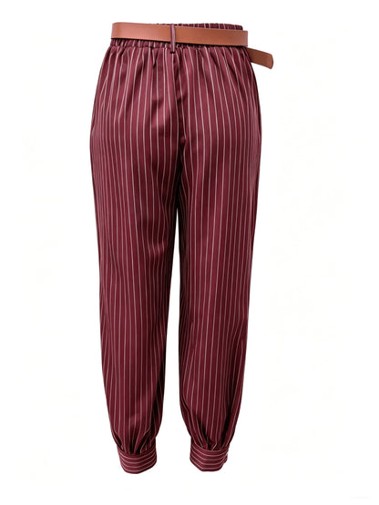 Elegant Black Pinstripe Chino Pants for Women with High Waist Pleated Cuffed Wide Leg Style