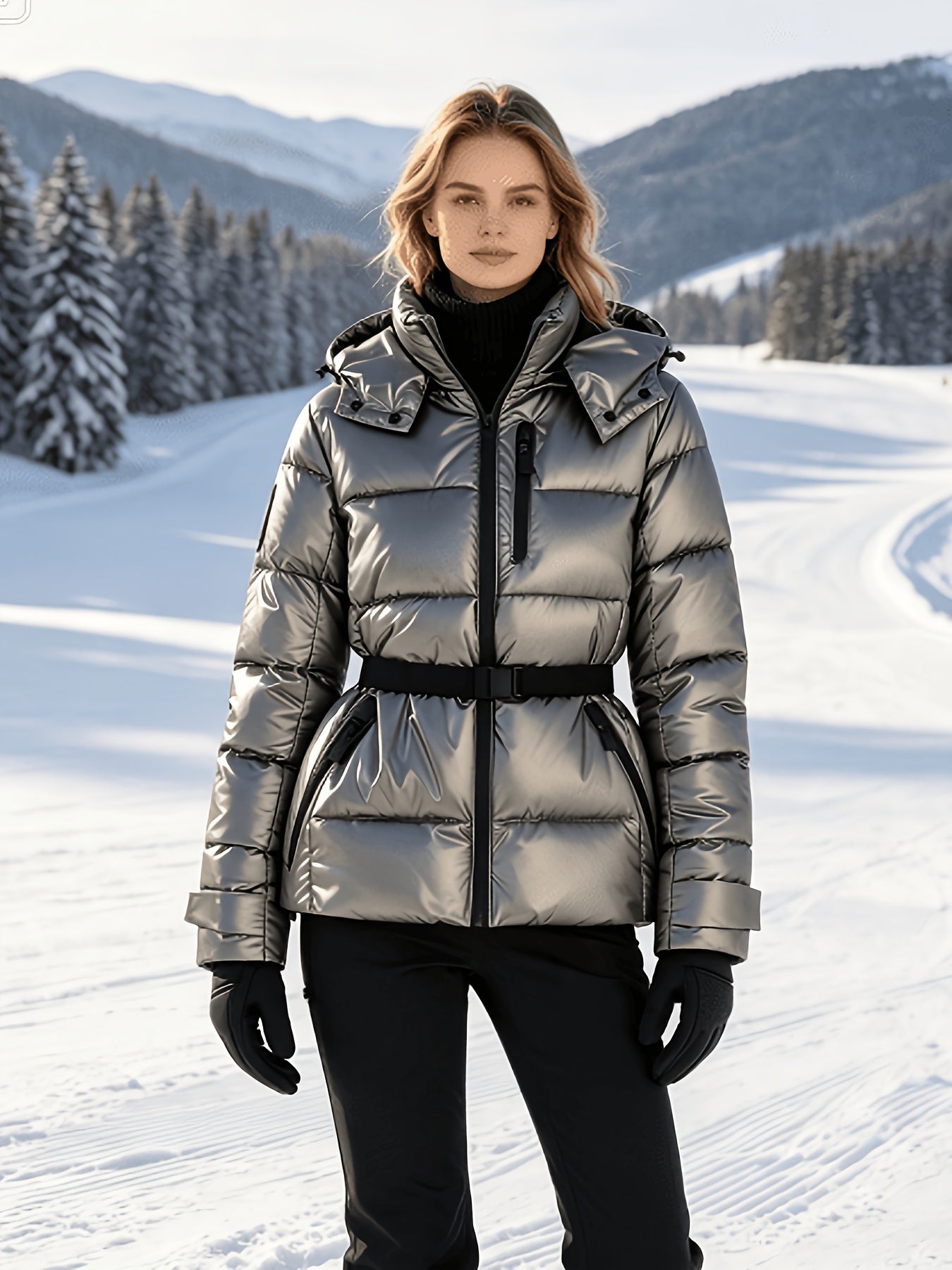 Cozy Glossy Padded Ski Jacket for Women with Detachable Hood Drawstring Belted Waist Quilted Style