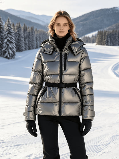 Cozy Glossy Padded Ski Jacket for Women with Detachable Hood Drawstring Belted Waist Quilted Style