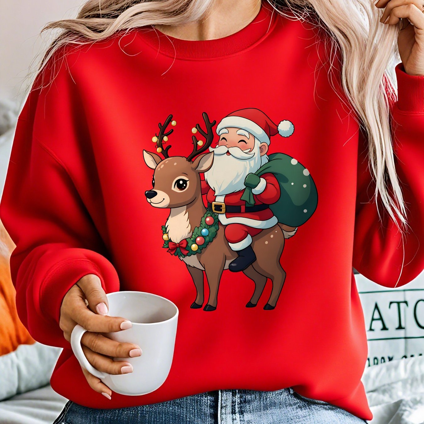 Cozy Graphic Christmas Tacky Sweater for Women with Crew Neck Long Sleeve Santa Reindeer Print Pullover Style