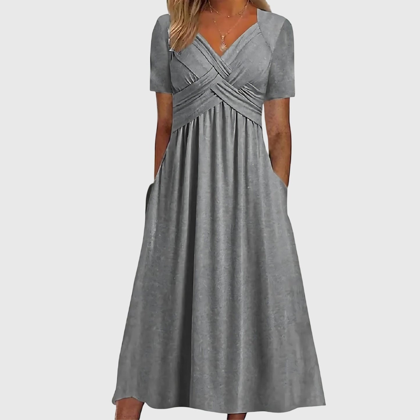 Effortless Midi Dress for Women with V-Neck Crossover Waist Short Sleeve Pocket Casual Style