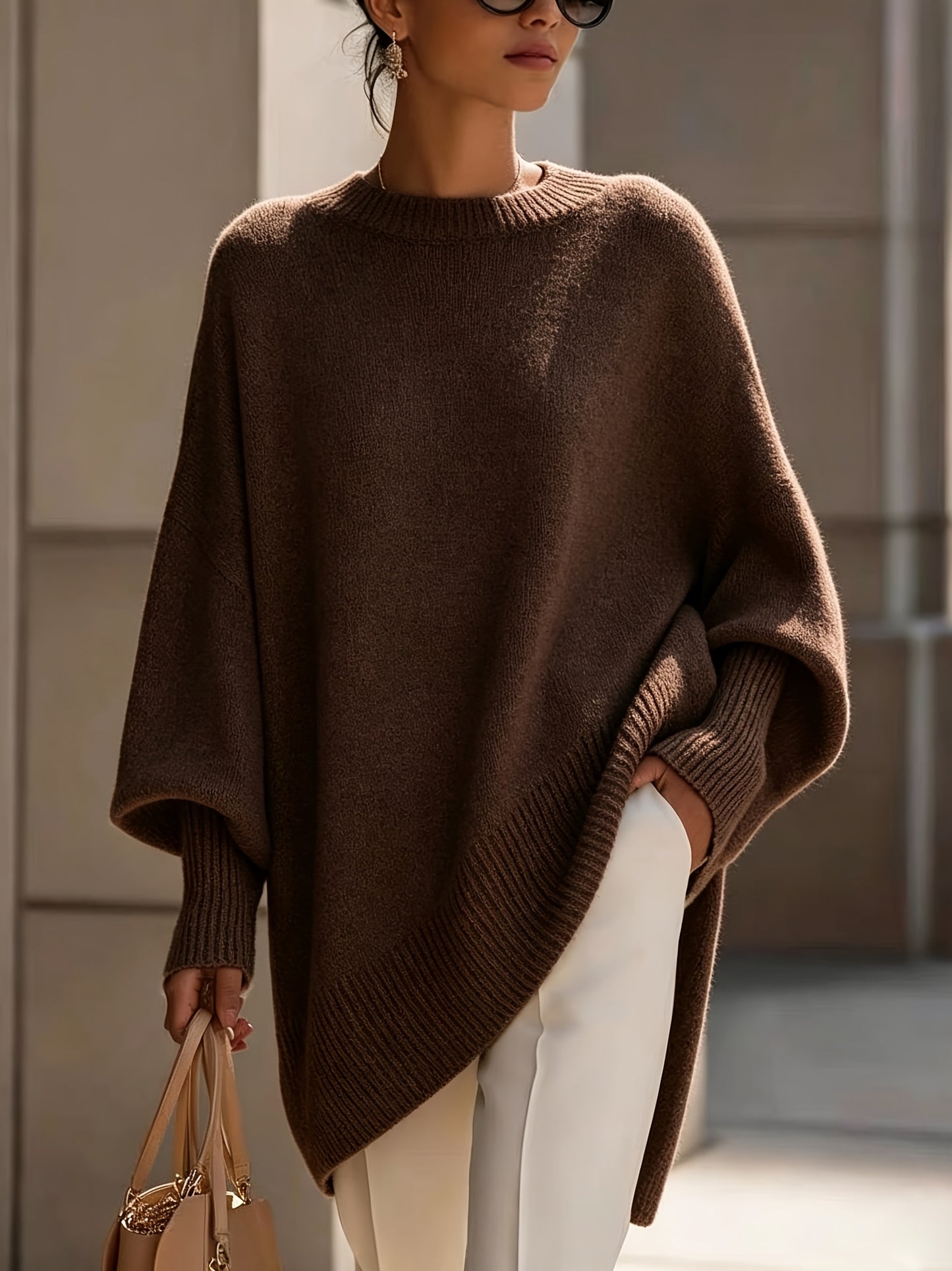 Comfortable Apricot Knit Fall Oversized Sweater for Women with Crew Neck Batwing Sleeve Ribbed Hem Relaxed Style
