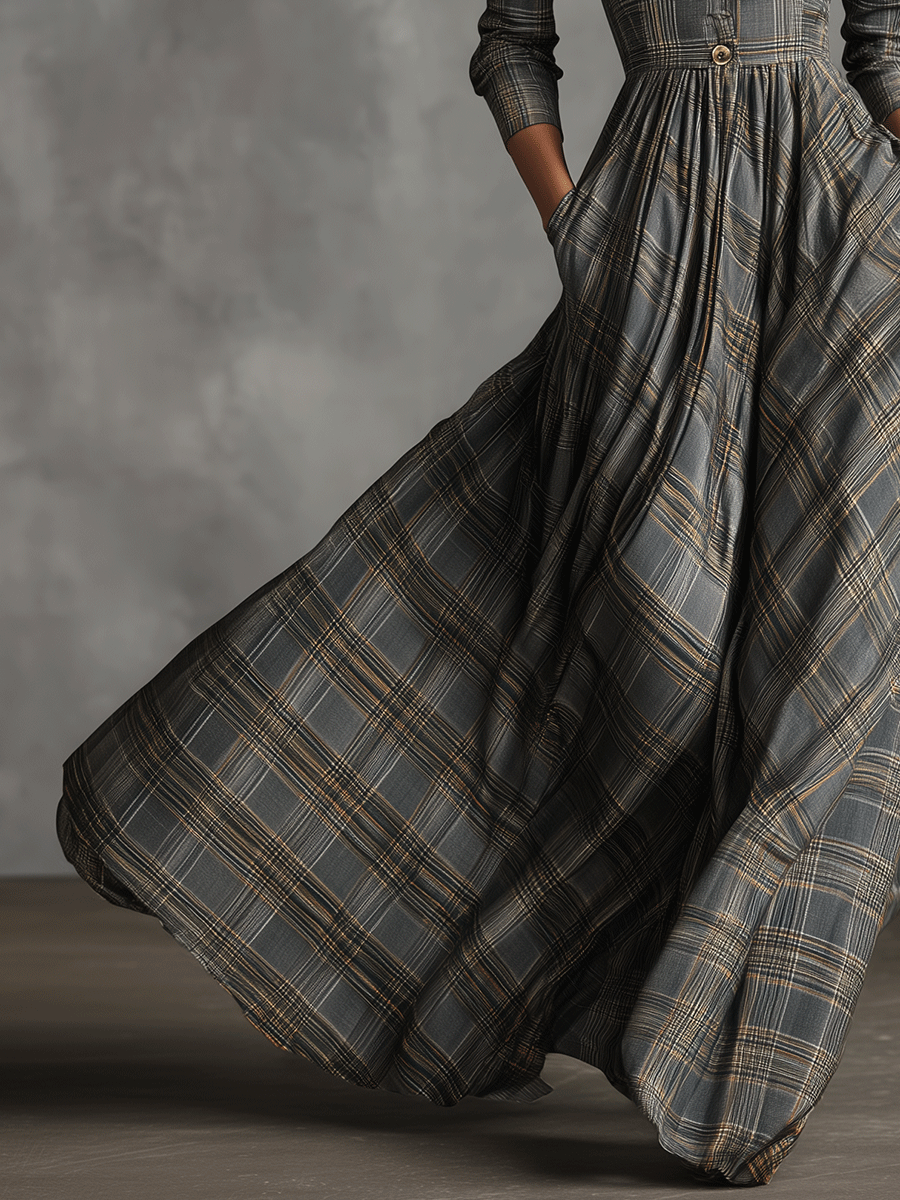 Elegant Tartan Plaid Maxi Dress for Women with Lapel V Neck Button Front Elbow Sleeve Flared Casual Style