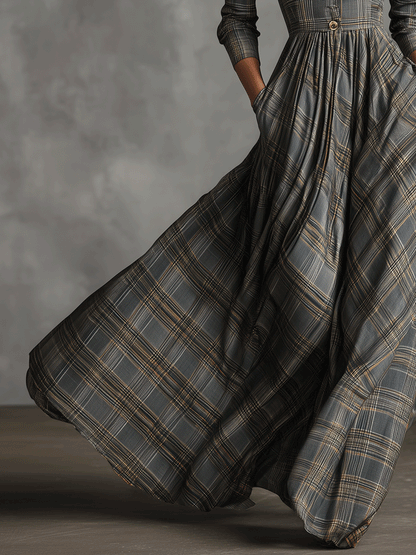 Elegant Tartan Plaid Maxi Dress for Women with Lapel V Neck Button Front Elbow Sleeve Flared Casual Style