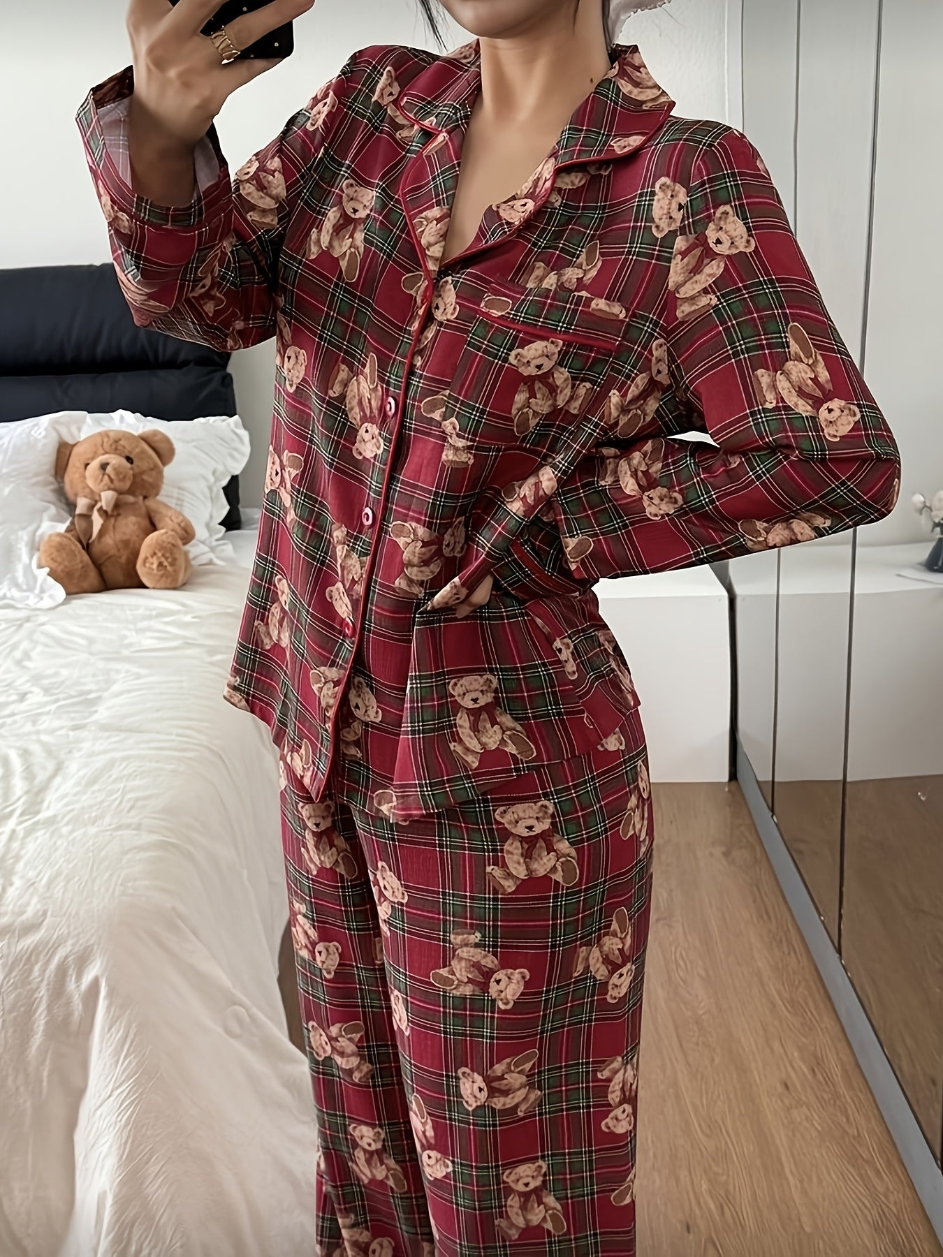 Cozy Bear Plaid Christmas Holiday Pajamas for Women with Notched Collar Long Sleeve Two Piece Style