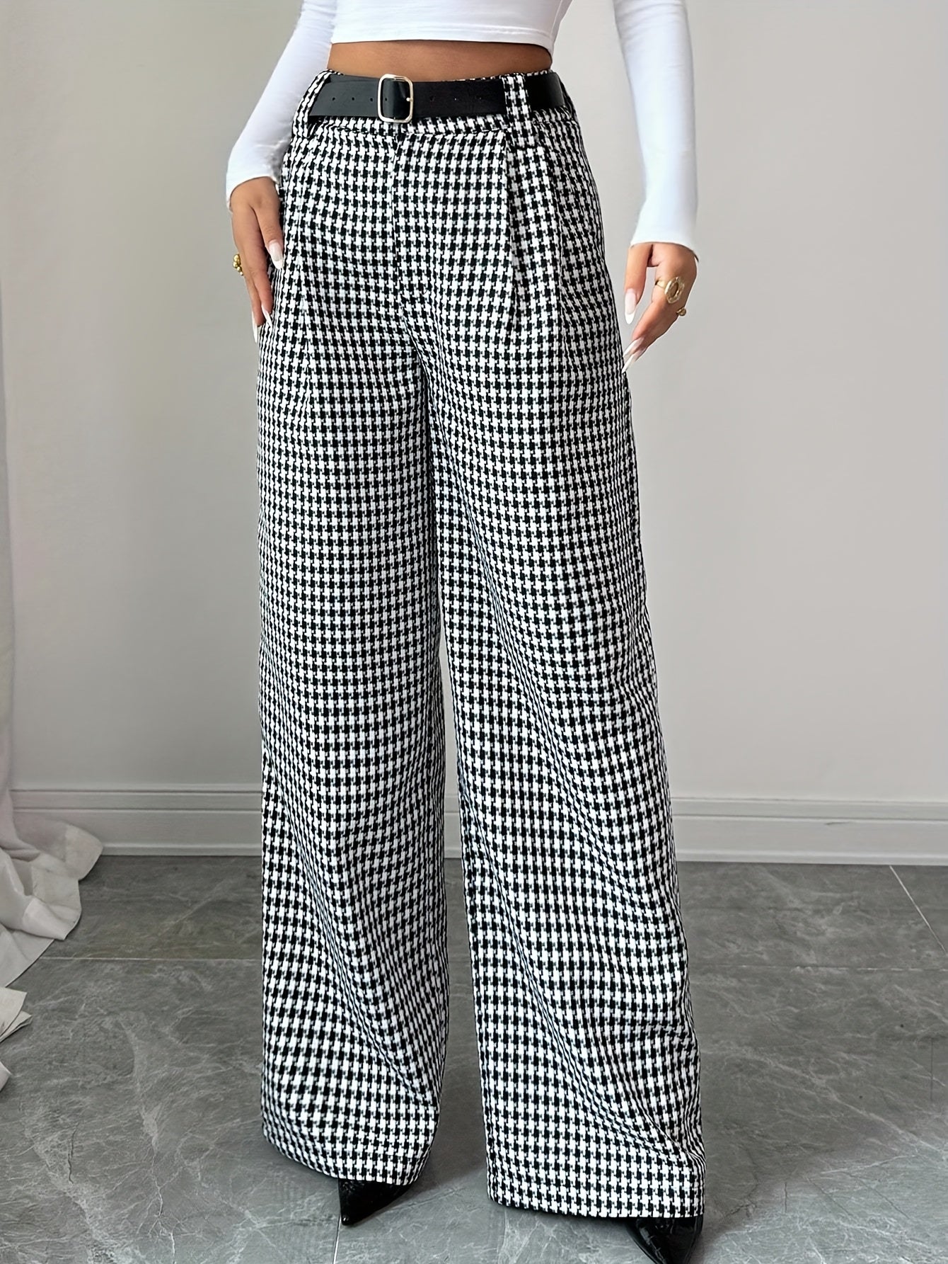 Elegant Black And White Houndstooth Chino Pants for Women with High Waist Belted Wide Leg Casual Style