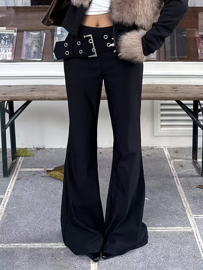 Elegant Black Buckle Jeans for Women with High Waist Grommet Flare Leg Relaxed Style