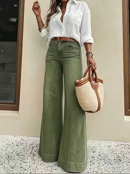Effortless Fern Green High Waisted Jeans for Women with Wide Leg Stretch Denim Flare Casual Style