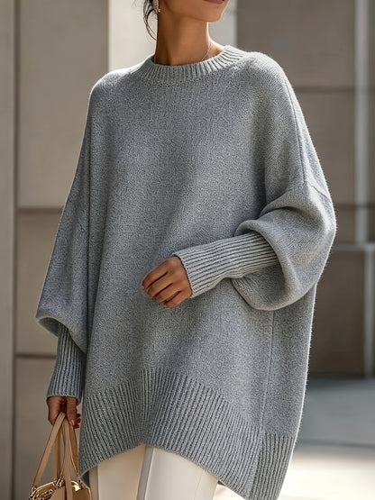 Comfortable Apricot Knit Fall Oversized Sweater for Women with Crew Neck Batwing Sleeve Ribbed Hem Relaxed Style