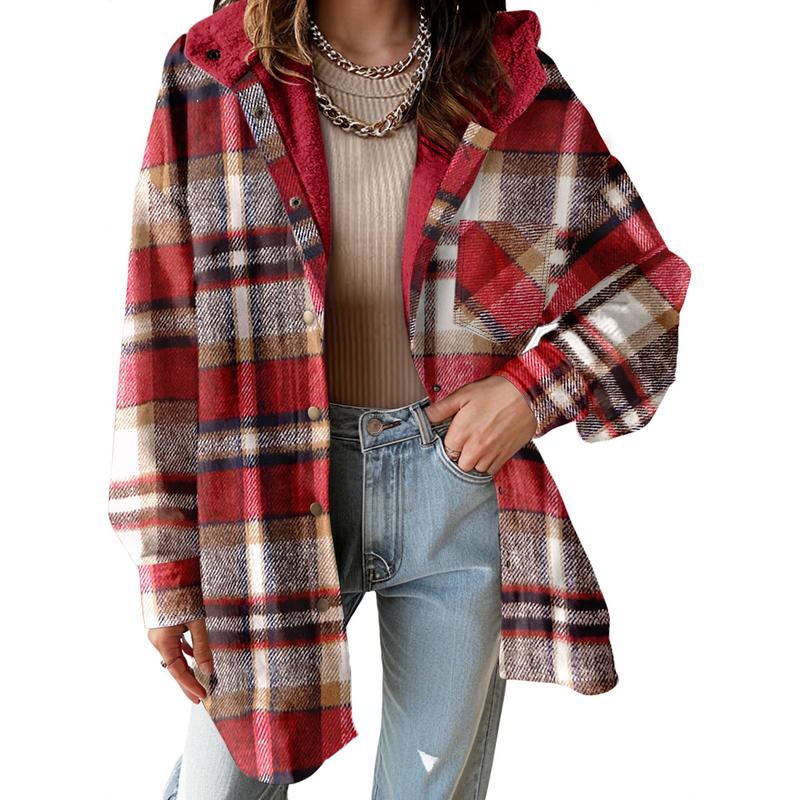 Cozy Plaid Shacket for Women with Hooded Collar Long Sleeve Sherpa Lined Flannel Oversized Style