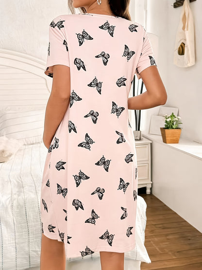 Comfortable Printed Maternity Nightgown for Women with Round Neck Short Sleeve Button Front Relaxed Style
