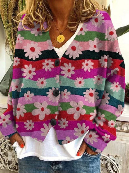 Cozy Floral Knit Cardigan for Women with V Neck Long Sleeve Striped Button Front Style