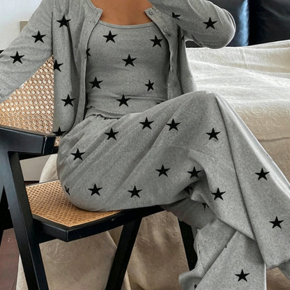 Comfortable Mixed Color Star Print Three Piece Pajama Set for Women with Round Neck Long Sleeve Cardigan Wide Leg Pant Relaxed Style