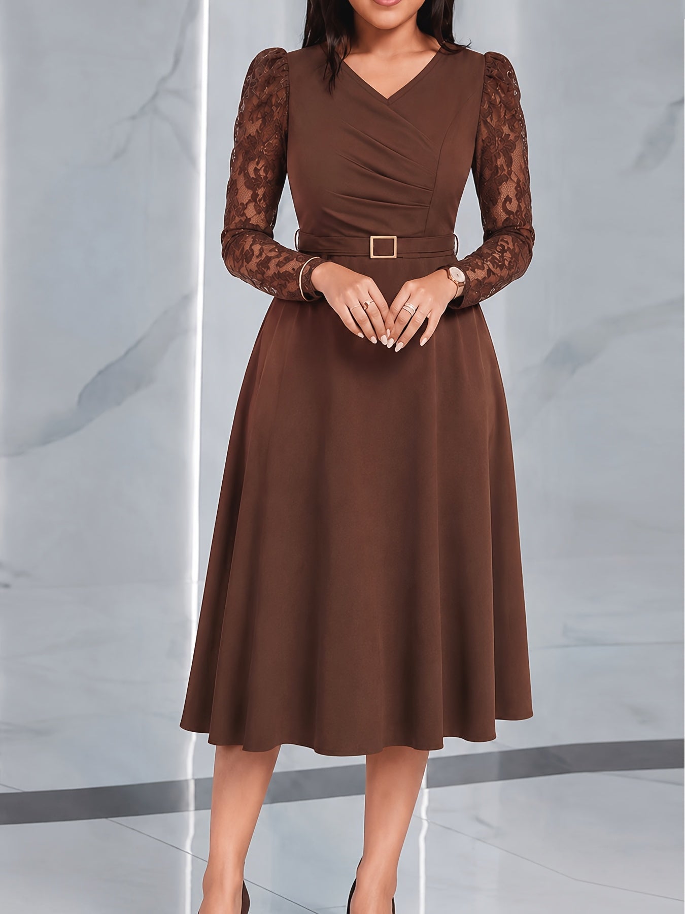Elegant Brown Semi Formal Dress for Women with V Neck Lace Sleeve Belted Fit and Flare Midi Party Style