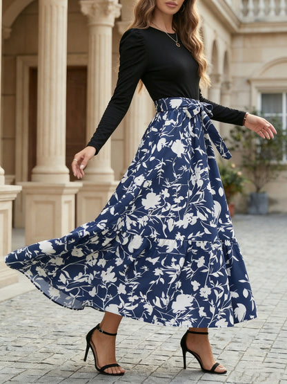 Elegant Blue And Black Dress for Women with Round Neck Long Sleeve Floral Tiered Maxi Flowing Style