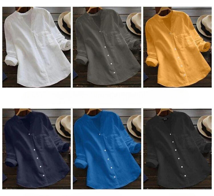Effortless Linen Shirt for Women with Stand Collar Long Sleeve Button Front Relaxed Style
