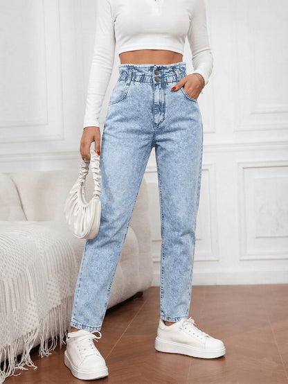 Effortless Blue Acid Wash Mom Jeans for Women with Paperbag Waist Button Front Tapered Relaxed Style