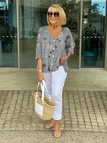 Effortless Floral Print Tunic for Women with V Neck Elbow Sleeve Button Front Relaxed Style