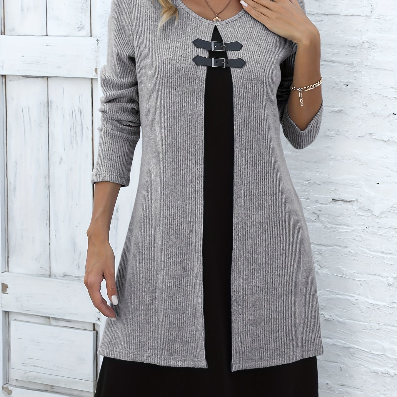 Elegant Ribbed Knit Two Tone Midi Dress for Women with Round Neck Long Sleeve Buckle Detail Layered Style