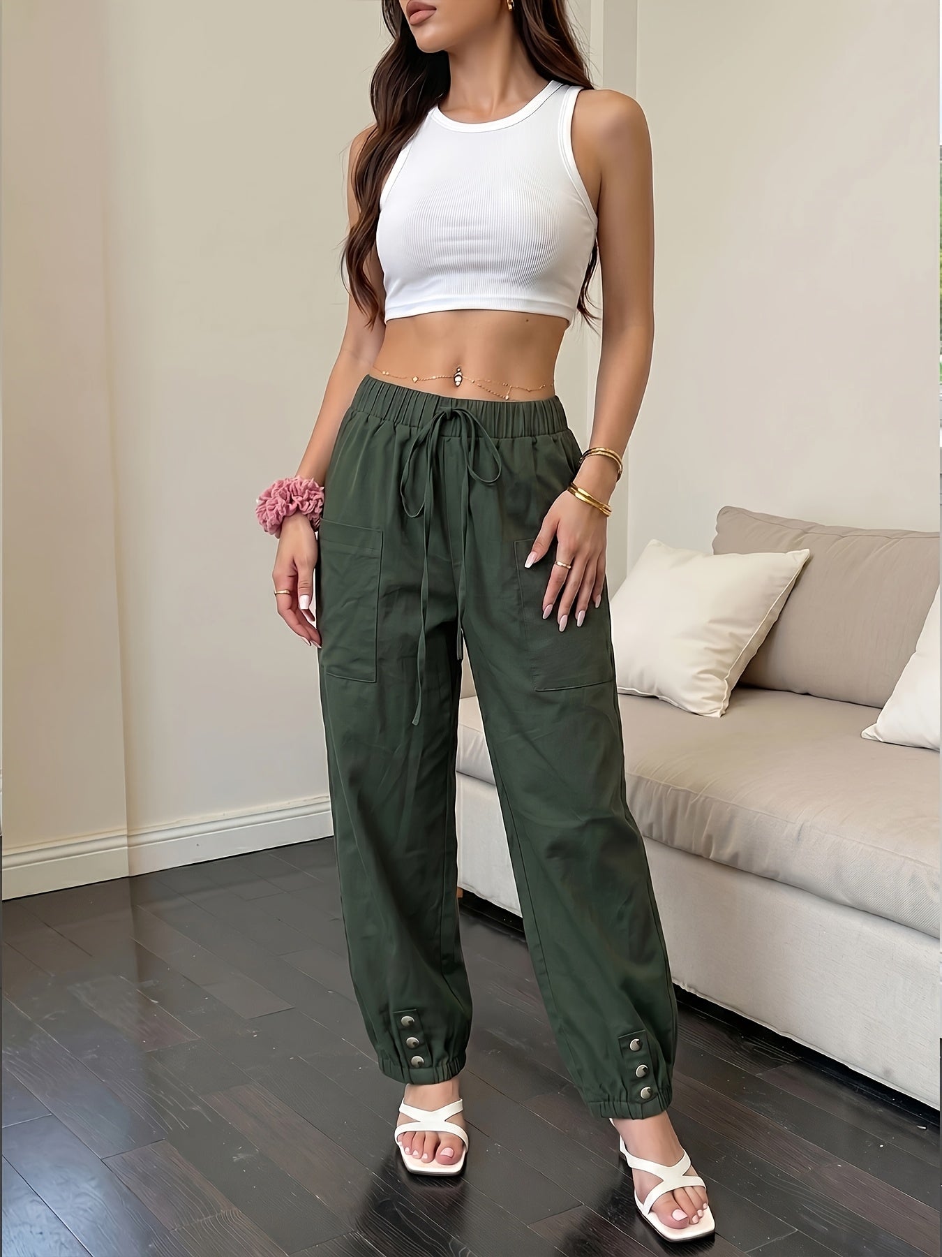 Effortless Green Cargo Pants for Women with High Waist Drawstring Elastic Cuff Relaxed Style