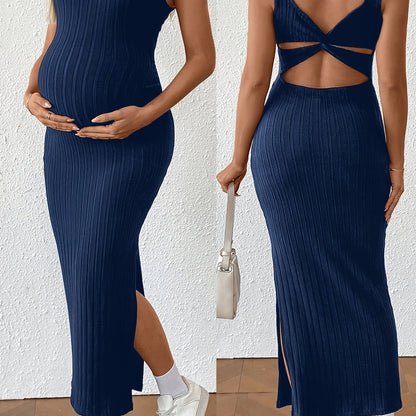 Elegant Ribbed Knit Maternity Maxi Dress for Women with Square Neck Sleeveless Crisscross Back Bodycon Style