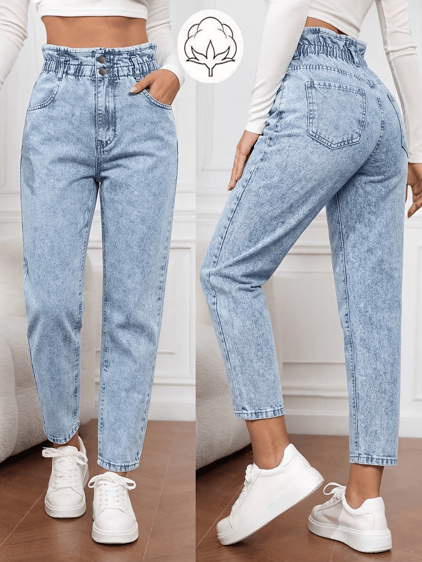 Effortless Blue Acid Wash Mom Jeans for Women with Paperbag Waist Button Front Tapered Relaxed Style