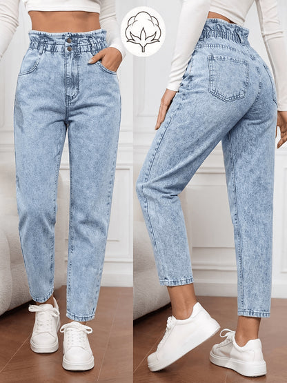 Effortless Blue Acid Wash Mom Jeans for Women with Paperbag Waist Button Front Tapered Relaxed Style