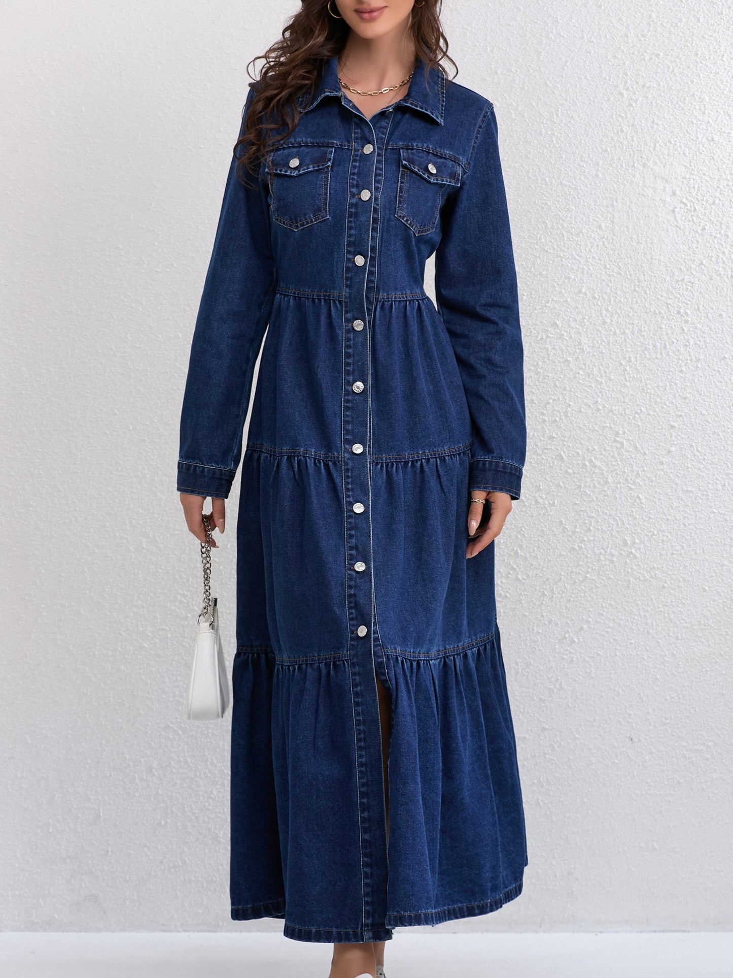 Effortless Blue Denim Dress for Women with Collar Long Sleeve Button Front Tiered Maxi Style