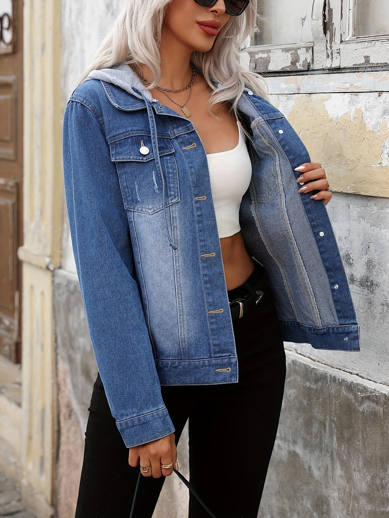 Effortless Blue Jean Jacket for Women with Hooded Collar Long Sleeve Button Front Relaxed Style