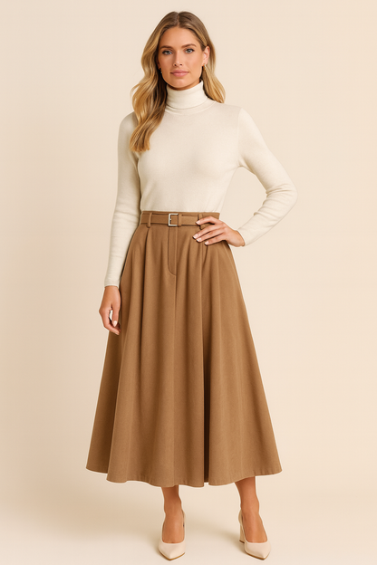 Elegant Belted Midi Skirt for Women with High Waist Pleated A Line Flowing Style