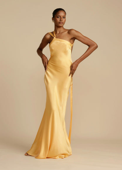 Elegant Satin Gold Dress for Women with One Shoulder Sleeveless Backless Mermaid Wedding Guest Style