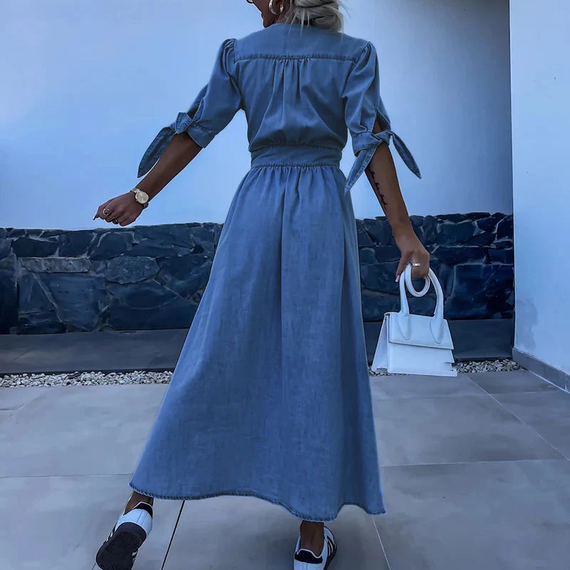 Elegant Blue Denim Dress for Women with V Neck Elbow Sleeve Button Front Maxi Flowing Style