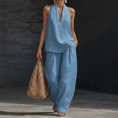 Effortless Linen Tank Top Wide Leg Pant Two Piece Set for Women with Halter Neck Relaxed Casual Style