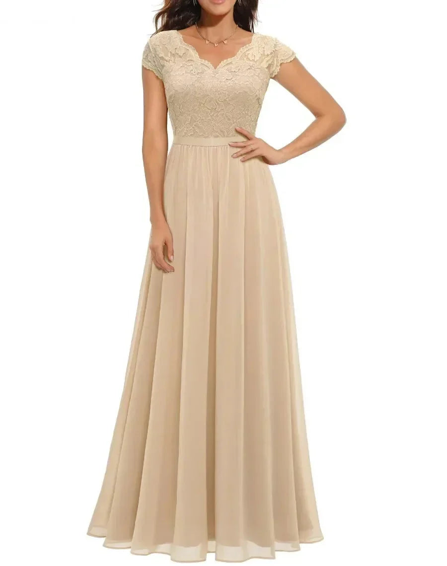 Elegant Champagne Formal Dress for Women with V Neck Cap Sleeve Lace Bodice Chiffon Maxi Evening Style