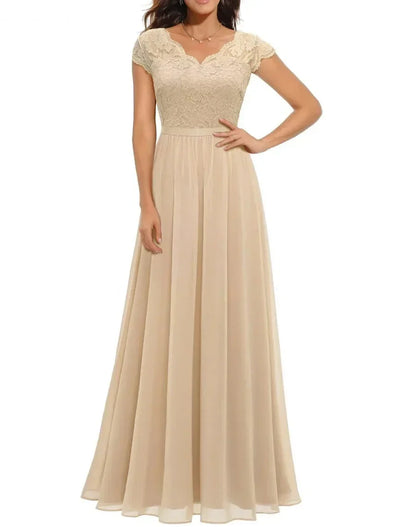 Elegant Champagne Formal Dress for Women with V Neck Cap Sleeve Lace Bodice Chiffon Maxi Evening Style