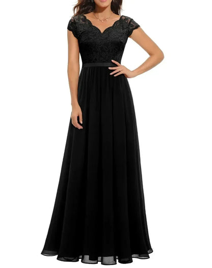 Elegant Champagne Formal Dress for Women with V Neck Cap Sleeve Lace Bodice Chiffon Maxi Evening Style