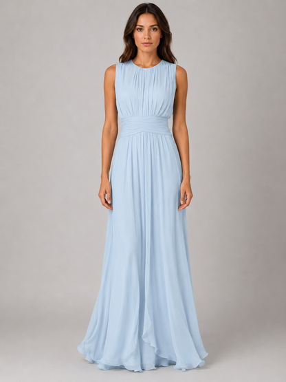 Elegant Light Blue Fall Wedding Guest Maxi Dress for Women with Round Neck Sleeveless Pleated Chiffon Formal Style