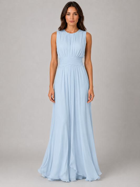 Elegant Light Blue Fall Wedding Guest Maxi Dress for Women with Round Neck Sleeveless Pleated Chiffon Formal Style
