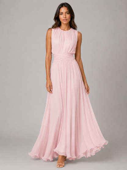Elegant Light Blue Fall Wedding Guest Maxi Dress for Women with Round Neck Sleeveless Pleated Chiffon Formal Style