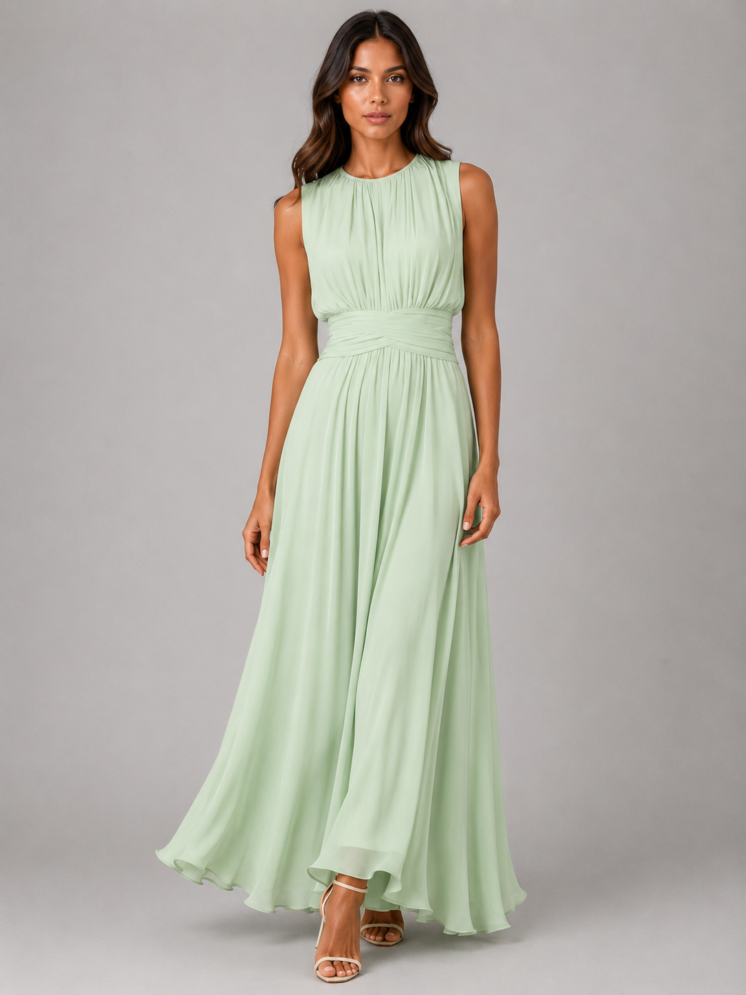Elegant Light Blue Fall Wedding Guest Maxi Dress for Women with Round Neck Sleeveless Pleated Chiffon Formal Style