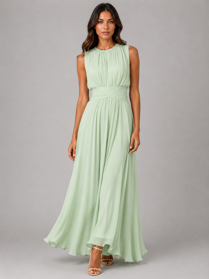 Elegant Light Blue Fall Wedding Guest Maxi Dress for Women with Round Neck Sleeveless Pleated Chiffon Formal Style