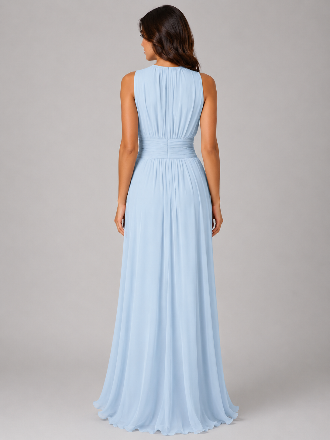 Elegant Light Blue Fall Wedding Guest Maxi Dress for Women with Round Neck Sleeveless Pleated Chiffon Formal Style