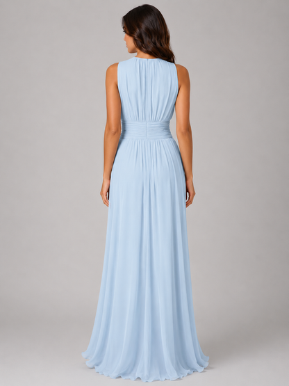 Elegant Light Blue Fall Wedding Guest Maxi Dress for Women with Round Neck Sleeveless Pleated Chiffon Formal Style
