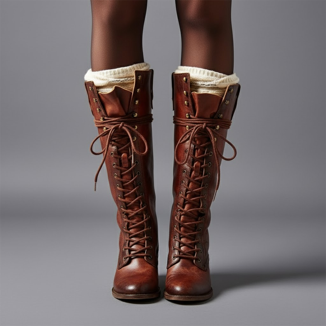 Elegant Black Leather Knee High Boots for Women with Lace Up Studded Block Heel Style